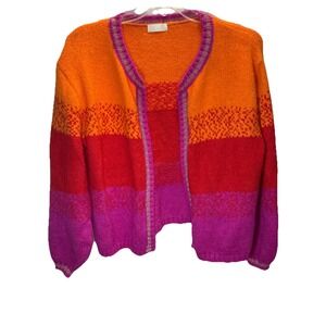 Q2 Long Sleeve Open Front Multi Colored Sweater Gold Trim See Pic For Size